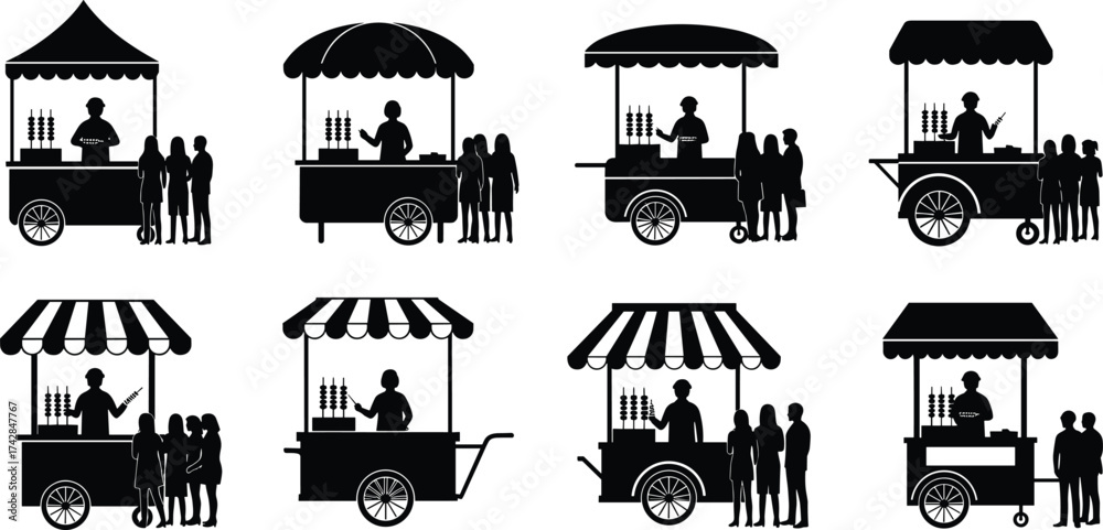 Naklejka premium Black silhouette food carts with vendors and customers in line street food queue