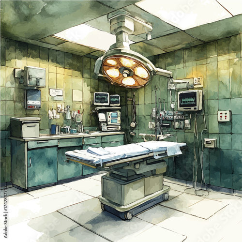 Operating Room, watercolor drawing vector, isolated on a white background.