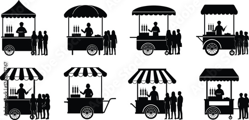 Black silhouette food carts with vendors and customers in line street food queue