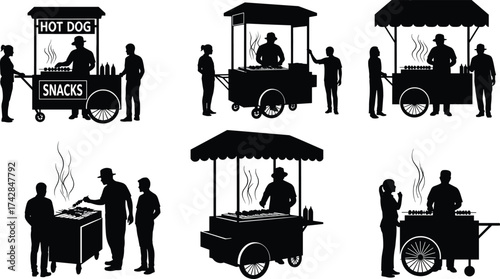 Silhouettes of people at food carts grilling and serving snacks street food vendor