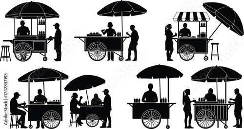 Silhouette food carts with people buying and selling street food vendor customer