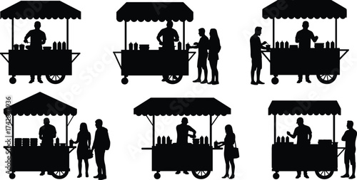 Black silhouettes of people at food carts and stalls on white background food stall black and white
