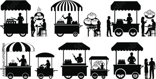Black Silhouette Food Carts With People Eating Dumplings And Steamed Buns black and white street food