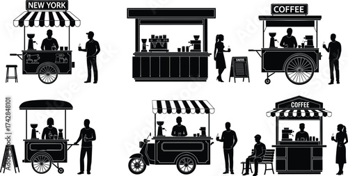 Black silhouettes of coffee carts and people on white background coffee stand street vendor