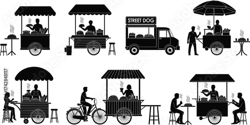 Black silhouette street food vendors with carts and customers food truck hot dog stand
