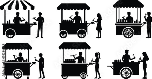 Black silhouettes of people at food carts selling and buying food street food vendor