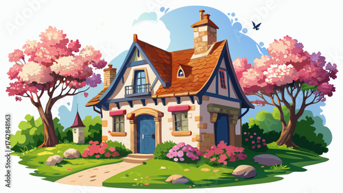 Picturesque French cottage with ivy-covered walls and blooming cherry blossoms, watercolor-inspired vector art, soft spring atmosphere, white background simplicity, perfect for greeting designs.