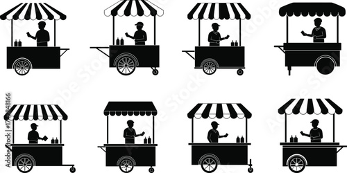 Black silhouette food cart vendor with striped awning and condiment bottles black and white