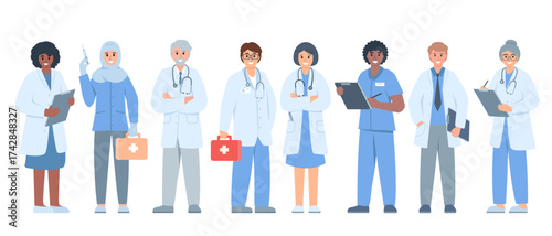 Multicultural group of doctors and nurses in uniform. Male and female hospital or clinic workers of different ages. Medic characters. Vector icons illustration isolated on white background.