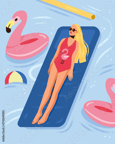 Woman sunbathing in a pool with flamingo floats, beach ball and noodle.