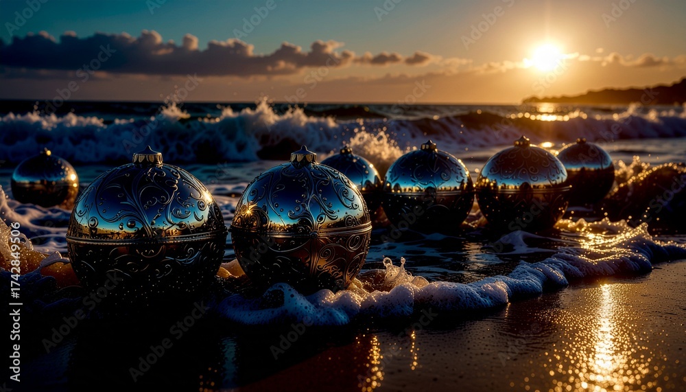 Fototapeta premium Ilustracja przedstawiająca bombki choinkowe leżące na skraju oceanu w promieniach zachodzącego słońca