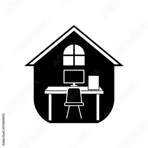 Home office setup inside house silhouette