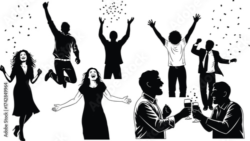 Vector illustration of people silhouettes in various stages of dance and sport evolution