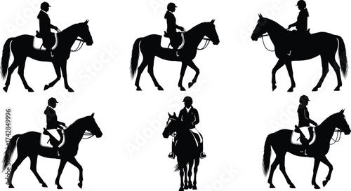 Black vector silhouettes of horses in various gallop, jumping, and dressage poses for equestrian sport illustration sets