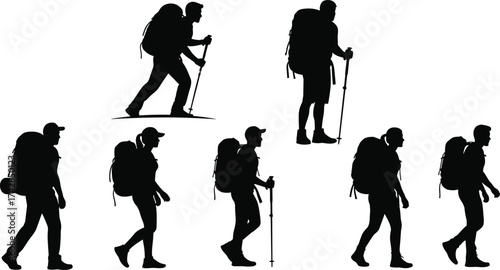 Vector set of black fashion silhouettes of people walking and shopping