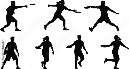 Black vector silhouettes of dancing people show a lively action illustration