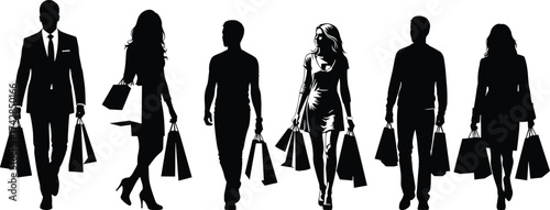 This stock image collection features vector silhouettes of people, including a woman modeling fashion and a man, often walking or carrying a shopping bag, for sale and business illustration