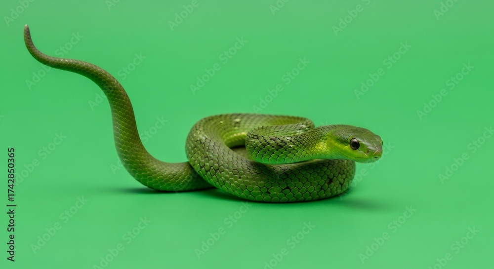 Obraz premium Green snake on a green screen background. Isolated animal for chromakey effect. Exotic reptile design.