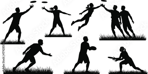 Black vector silhouettes of people engaging in sport activities like soccer, running, and basketball, showing fun and action
