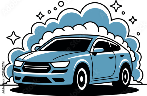 Illustration of a blue car being washed, surrounded by bubbles