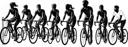 A vector illustration of an abstract chain link background with a silhouette of a woman cyclist riding a mountain bike