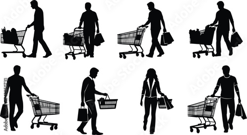 A vector illustration of silhouettes of people shopping and a couple sitting at a restaurant table for dinner