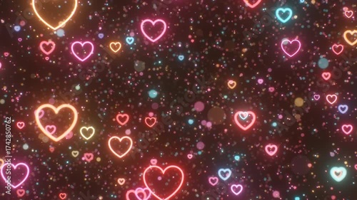 Neon Glow Love Heart Shapes Float Among Sparkle Space Light Particles - 4K Seamless VJ Loop Motion Background Animation