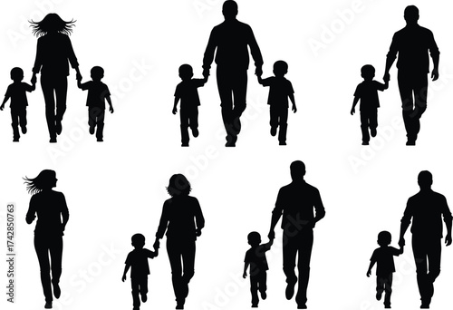 Silhouettes of a walking family group including adults children and business people in black vector style
