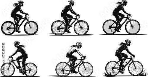 Silhouettes of cyclists with bicycles vector illustration set of people biking and riding mountain bikes in sport and travel design icons