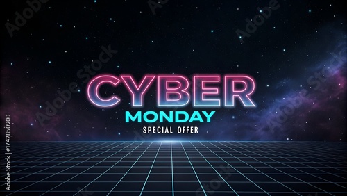 Cyber monday special offer with futuristic grid and nebula