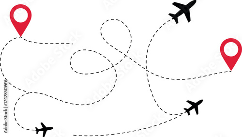 Vector art of airplane route with start and end location, travel destination concept