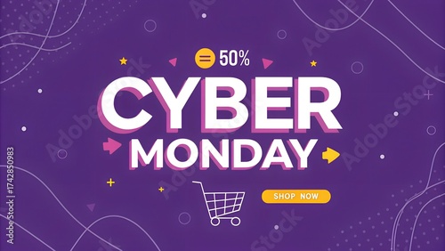 Cyber monday sale with 50 off and shopping cart graphic
