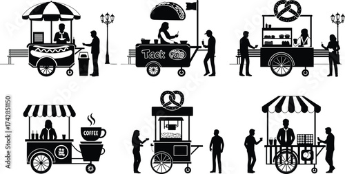 Vector silhouette icons of people in various poses and situations design set