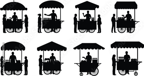Silhouettes of People with City Skyline and Industrial Transport Elements Vector Illustration