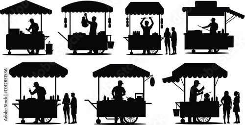 Silhouettes of people in a garden restaurant with furniture and city background