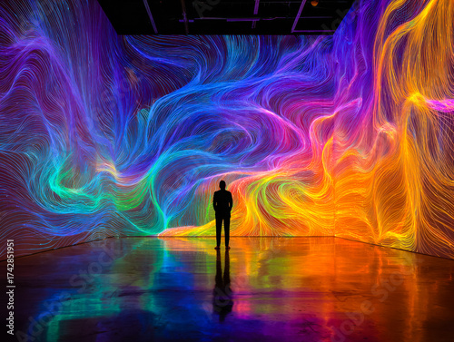 Immersive digital art installation with vibrant, flowing light patterns and a lone observer in a futuristic gallery setting