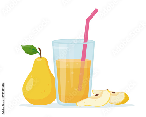 Fresh Pear juice in glass, whole Pear and pieces. Diet vitamin juice or smoothie. Detox fruit cocktail for healthy dieting. Vector illustration isolated on white background.