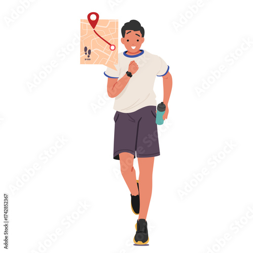 Sportsman cartoon character using smart watch while jogging vector illustration isolated on white