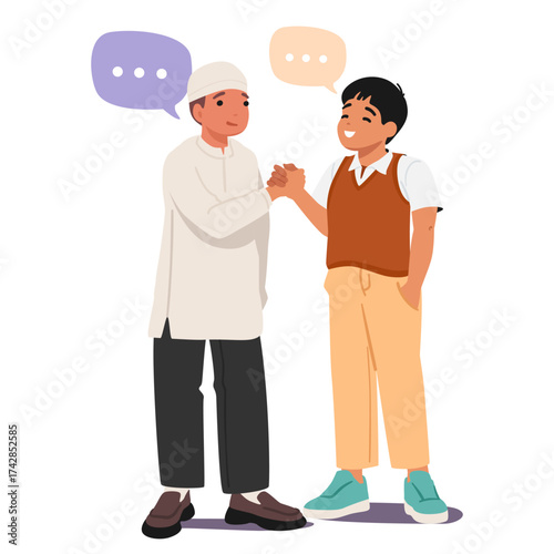 Interracial friendship vector illustration with happy boys shaking hands standing isolated on white