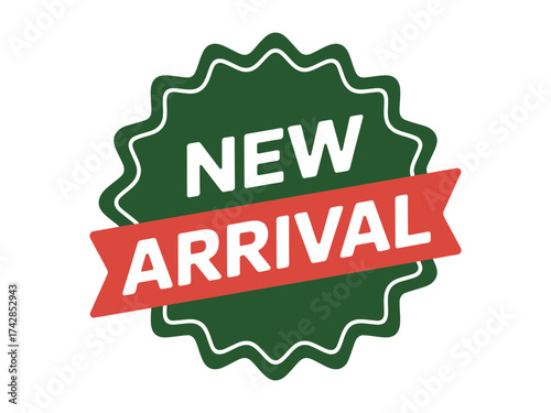 Vector art of green new arrival badge with red ribbon for promotion sale