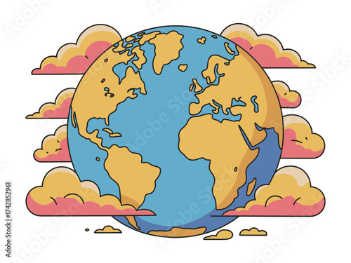 Illustration of the earth surrounded by clouds, depicting global weather and climate change