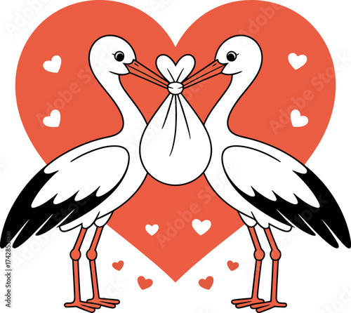 Illustration of two storks carrying a baby to celebrate new birth