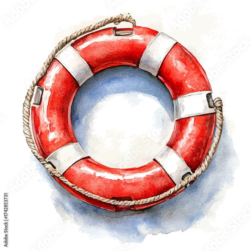 Lifebuoy, watercolor drawing vector, isolated on a white background.