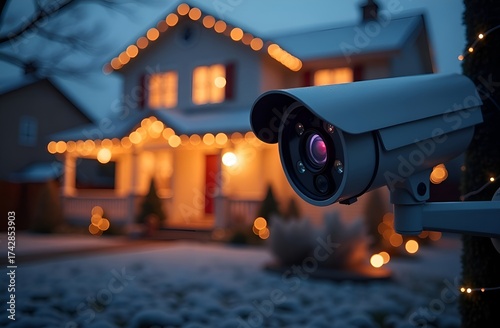 Surveillance Camera Monitoring House with Christmas Lights