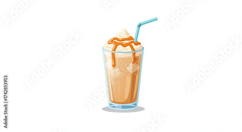 Caramel milkshake in tall glass with straw and whipped cream topping  