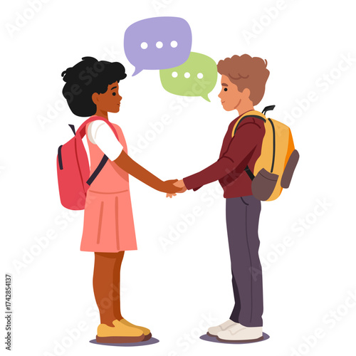 Schoolboy and schoolgirl shaking hands welcoming during meeting at school vector illustration