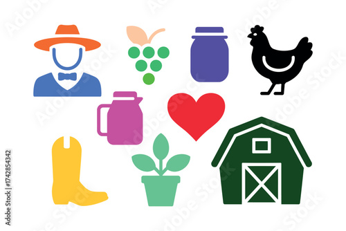 Vector art of collection of colorful farm icons, including farmer, grapes, chicken, barn, and other elements