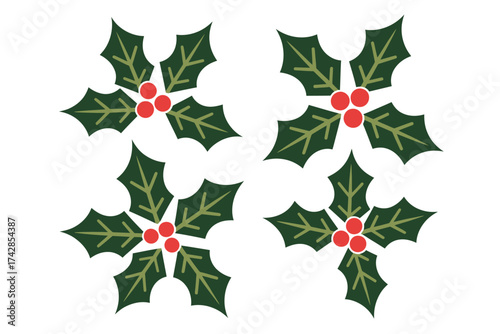 Vector art of four sprigs of holly with red berries, a classic christmas decoration for cards and crafts
