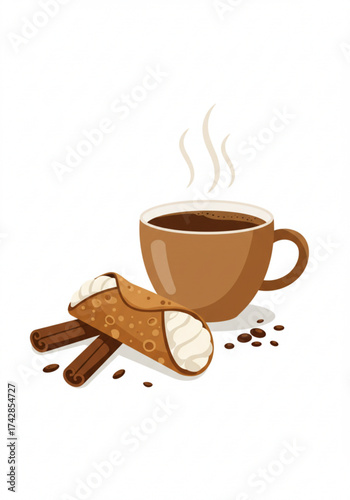 Coffee cup with steaming beverage and cannoli dessert on white background  