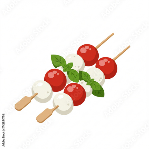 Caprese skewers with mozzarella, tomatoes and basil leaves, two pieces